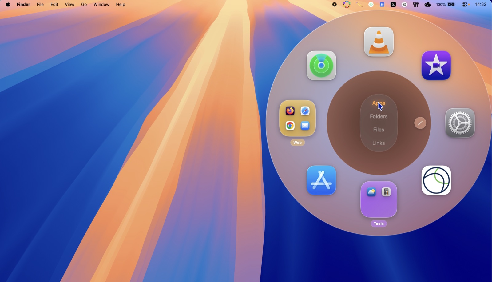 Orbix circular app launcher open on macOS, showing Apps, Folders, Files and Links